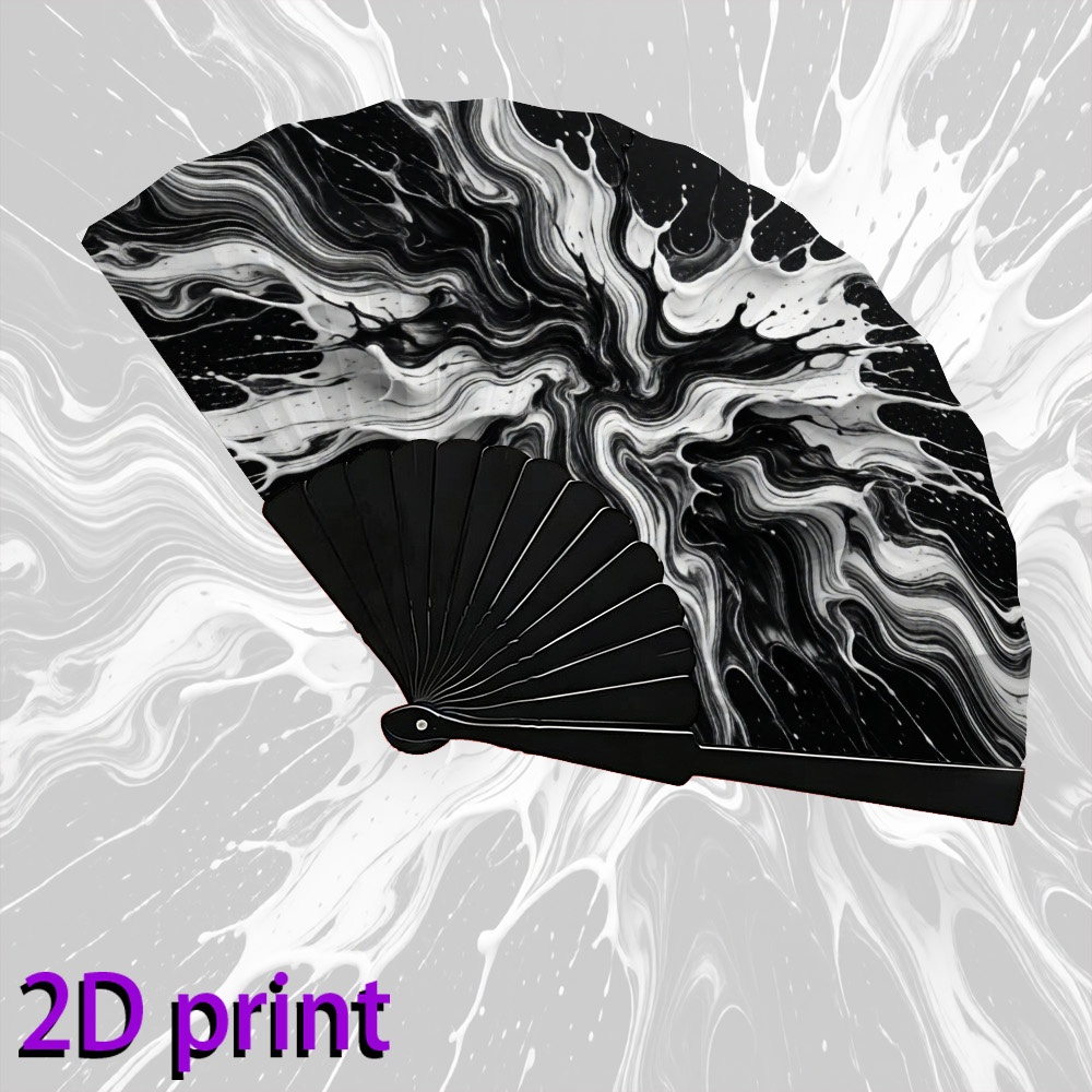 TEMU 2D Plat, 7-inch Opvouwbare Waaier met een 2D Zwart-wit Dynamisch Vloeibaar Abstract , Geschikt voor Muziekfestivals, Ravefeesten, Huisdecoratie,