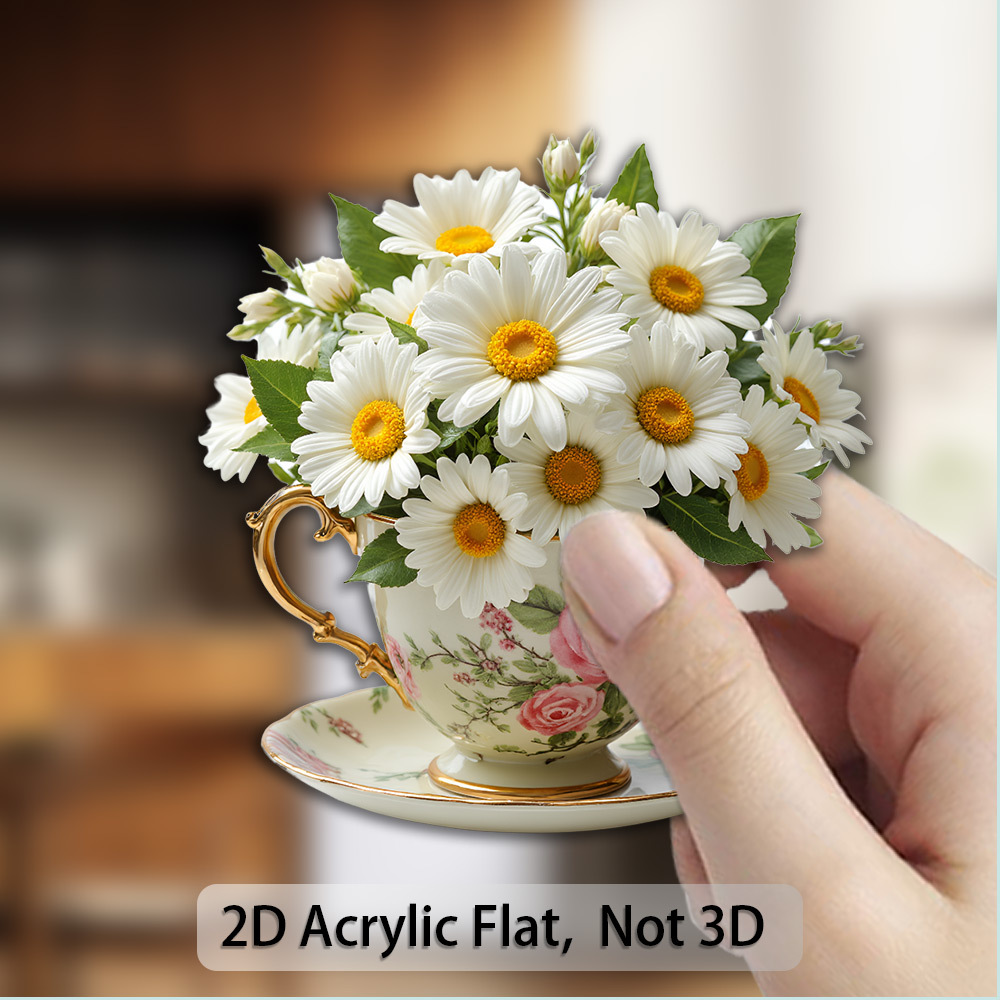 TEMU 1pc 2d Flat Acrylic Rubber Soft Magnet Sticker, Elegant Vintage Teacup - White Daisy With Golden Accents And Exquisite Porcelain Texture - Ideal