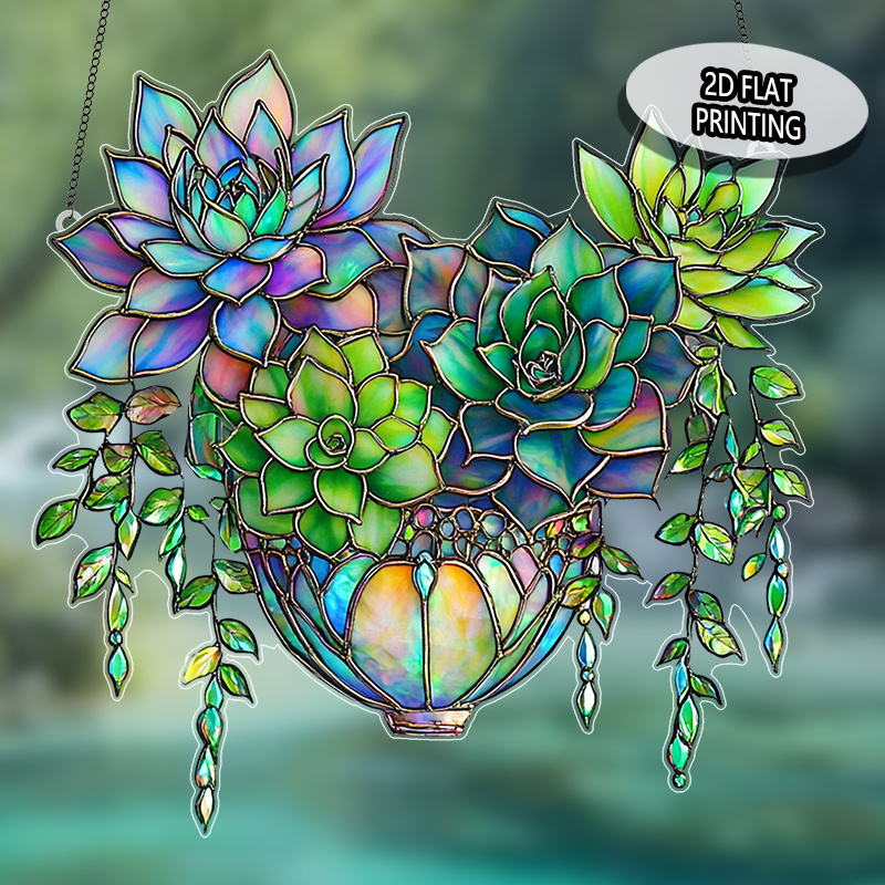 TEMU 2d Flat, 1pc, Acrylic Bohemian Succulent Hanging Ornament, Stained Suncatcher, Vintage Succulent Potted Plant And Vine Design, Home Garden