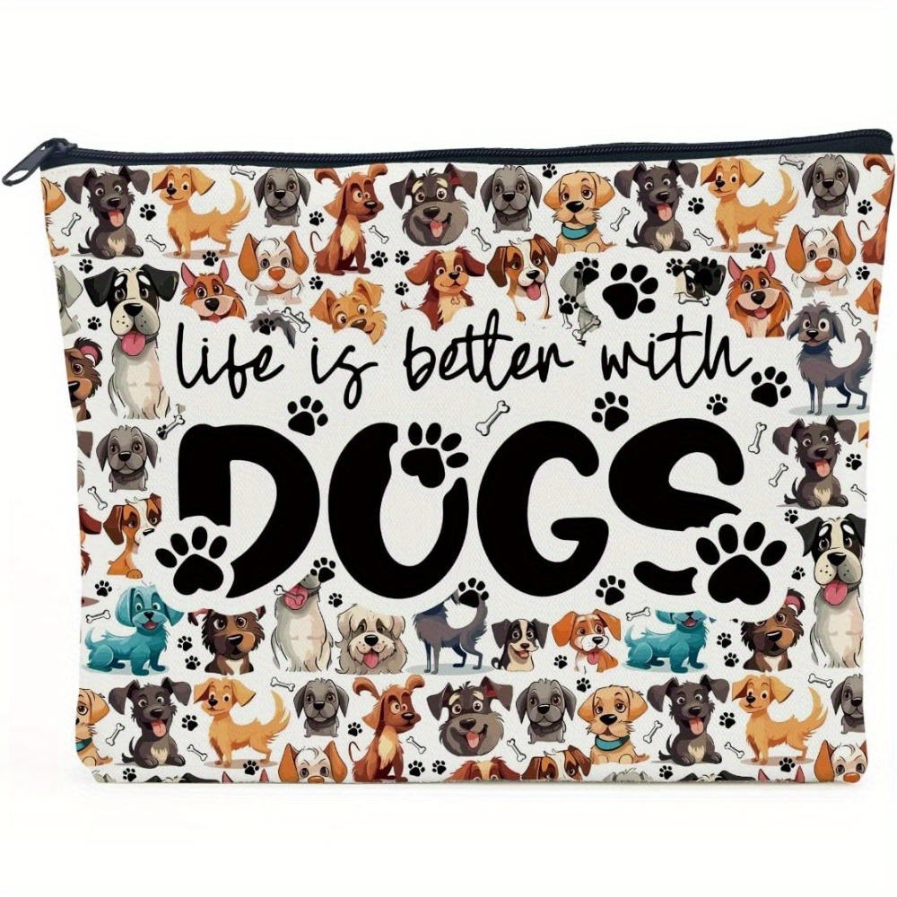 

1pc Dog Lover Themed Cosmetic Bag, Linen Makeup Pouch For Women, Hand Washable Dog Mom Gift With Multi-breed Print For Pet Owner, Friend, Sister, Grandma - Ideal For Birthday, Graduation, Day