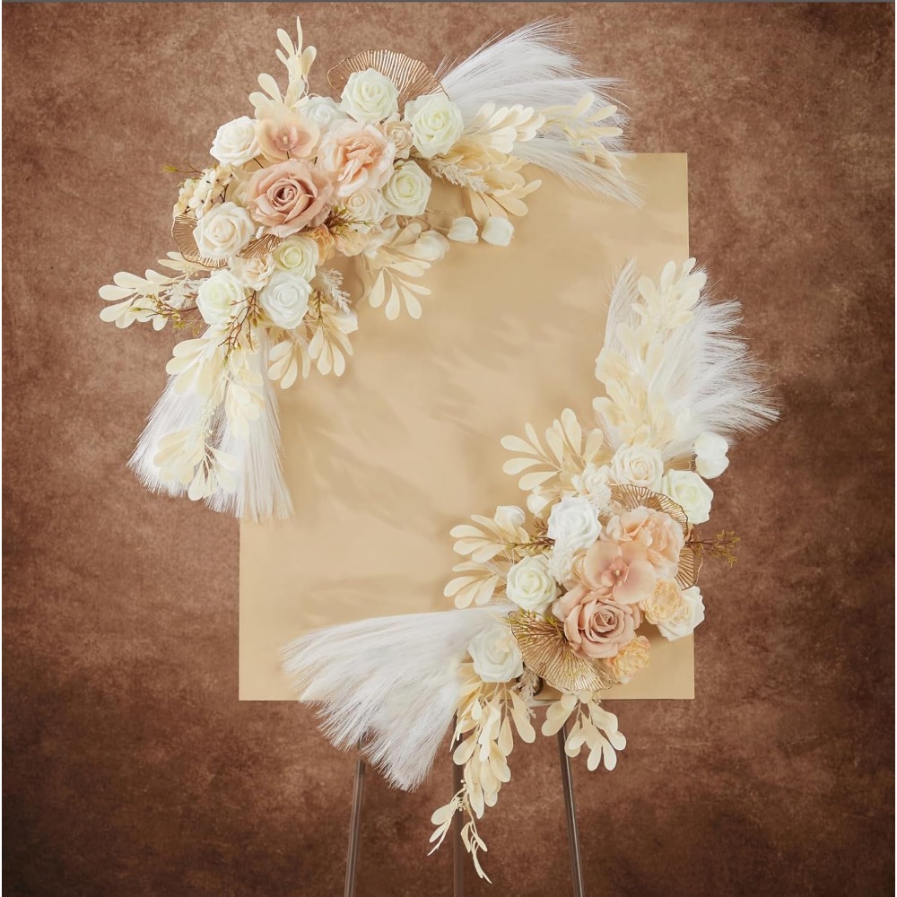 Image of Wedding Arch Of 2 Artificial Large Flower Boho Welcome Sign Floral Beige Arch Flowers Reception Backdrop Decor For Wedding Party Ceremony