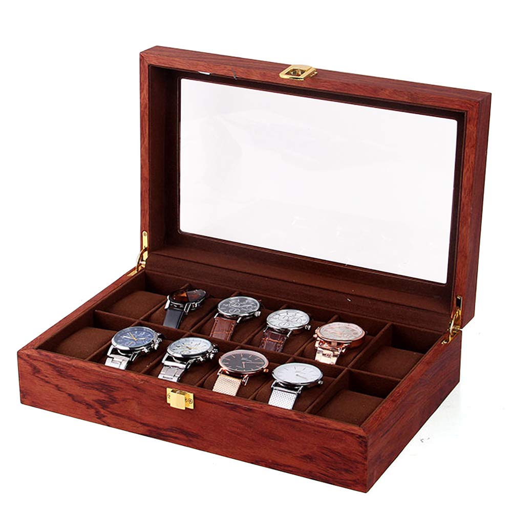 Image of Hotmalll 12-slot Wooden Watch Box, Vintage Grain Watch Display Case, Box, Watch Box Organizer With Glass Lid, Jewelry Storage Box, 12.2 * 7.8 * 3.1in