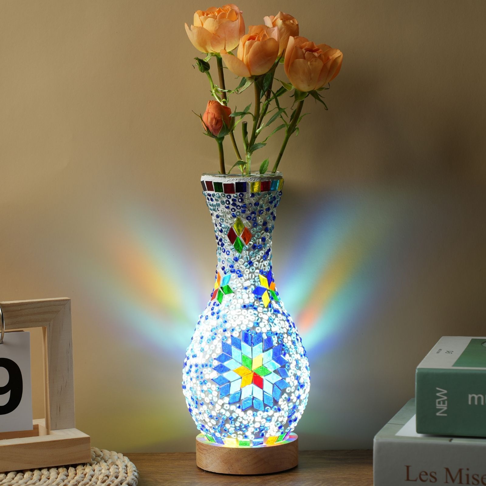 

1pc Art Deco Turkish Mosaic Vase Table Lamp, Wood And Glass With Stained Glass Shade, Usb Powered With Switch Control, Decor Accent Lighting For Room Types