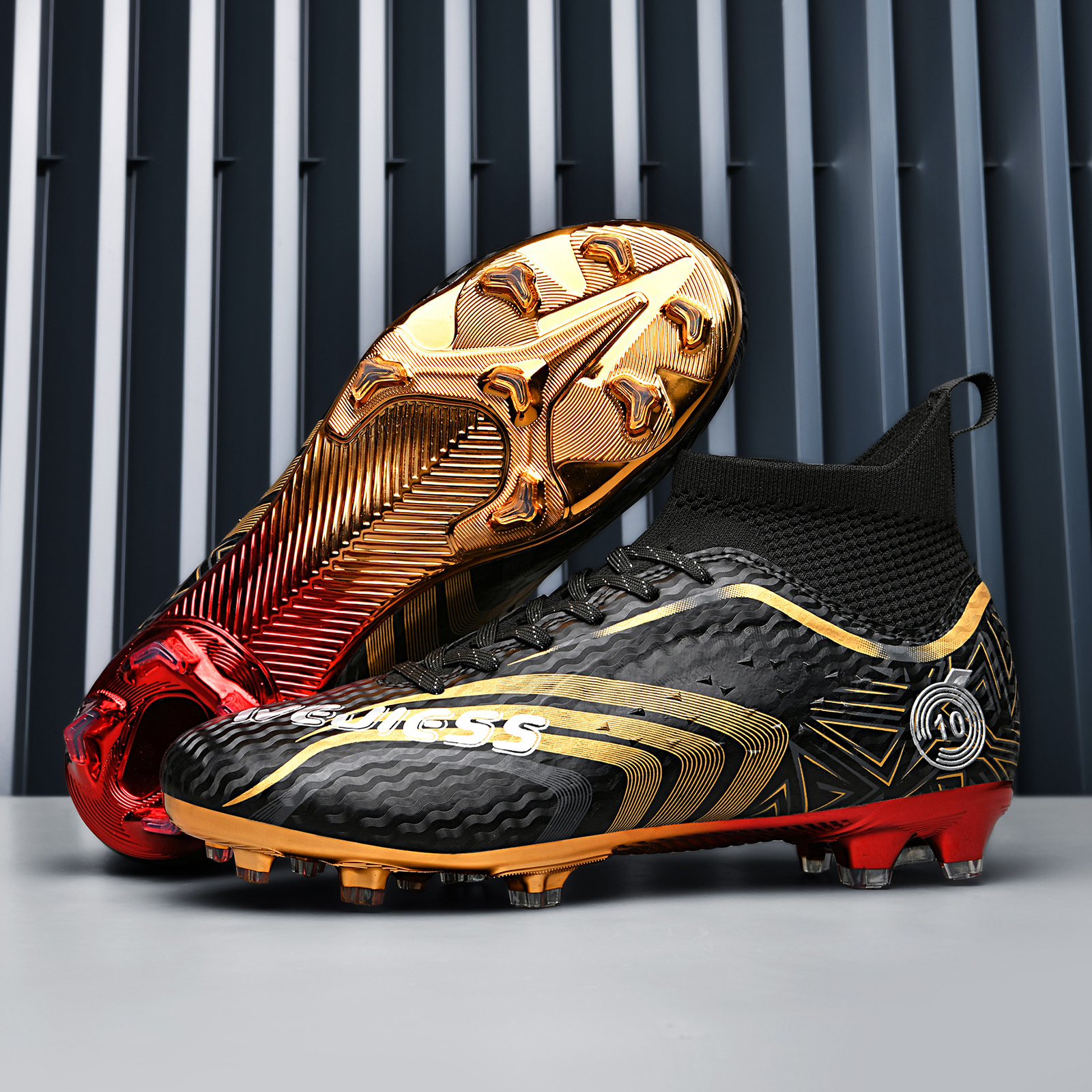 men's black professional football boots non-slip, lace-up