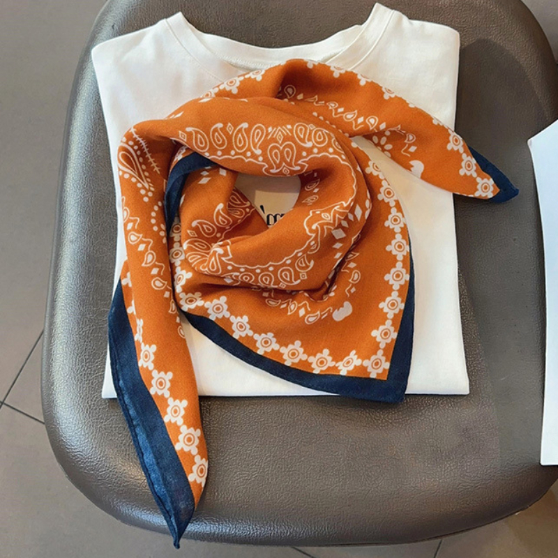 TEMU Orange High-quality 100% Viscose Circle Pattern Printed Women's Small Scarf Vintage Style Men's Thin Warm Neck Scarf Windproof Cold-resistant
