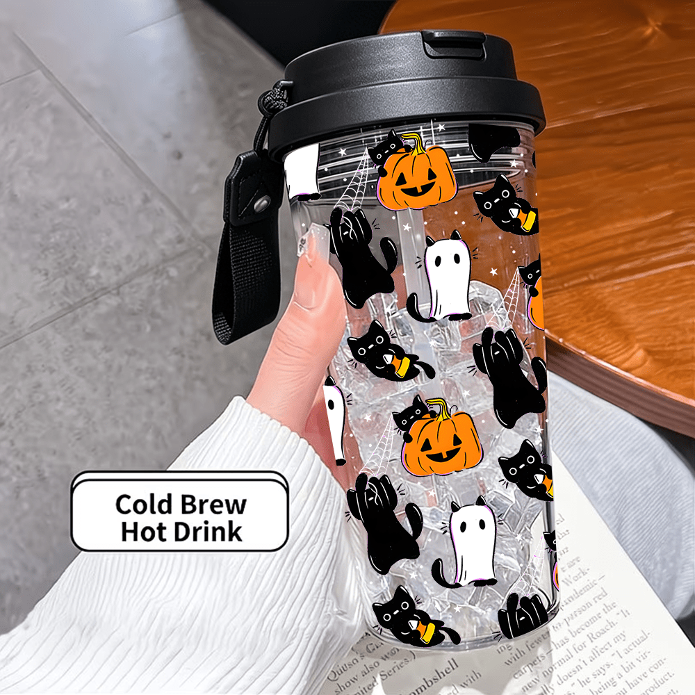 TEMU 1pc 18oz Flip Straw Travel Tumbler With Hand Lanyard, Cute Halloween Black Cat Pumpkin Print Cup, Reusable Covered Mug For Commuting, Outdoor