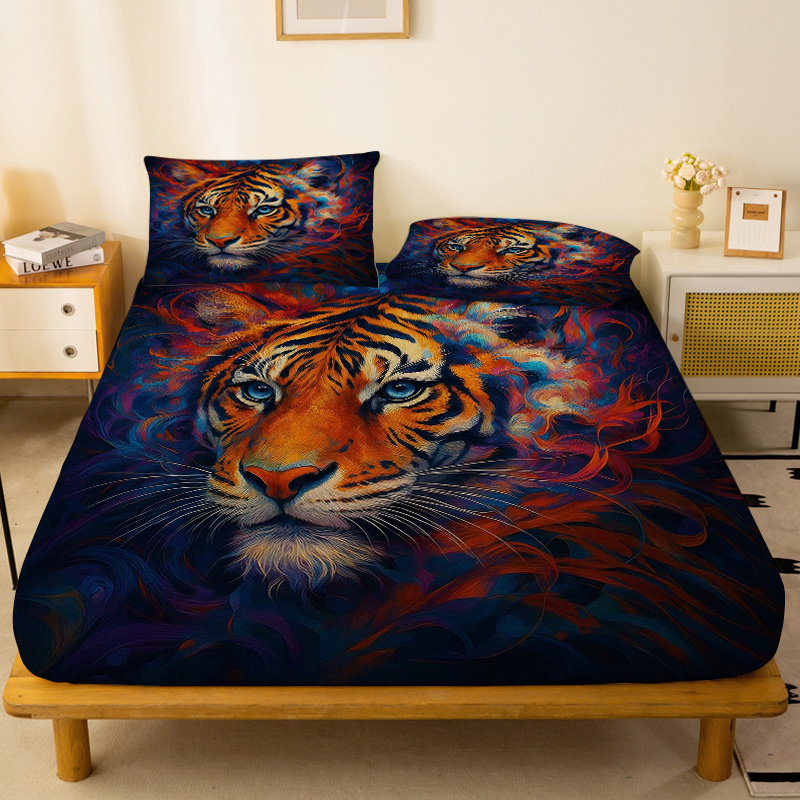 TEMU 1pc Bed Cover Featuring A Tiger , A Deep Pocket Fitted Sheet Without Pillowcases, Made Of Soft Fabric For A , 360° Full Wrap, Non-slip Mattress