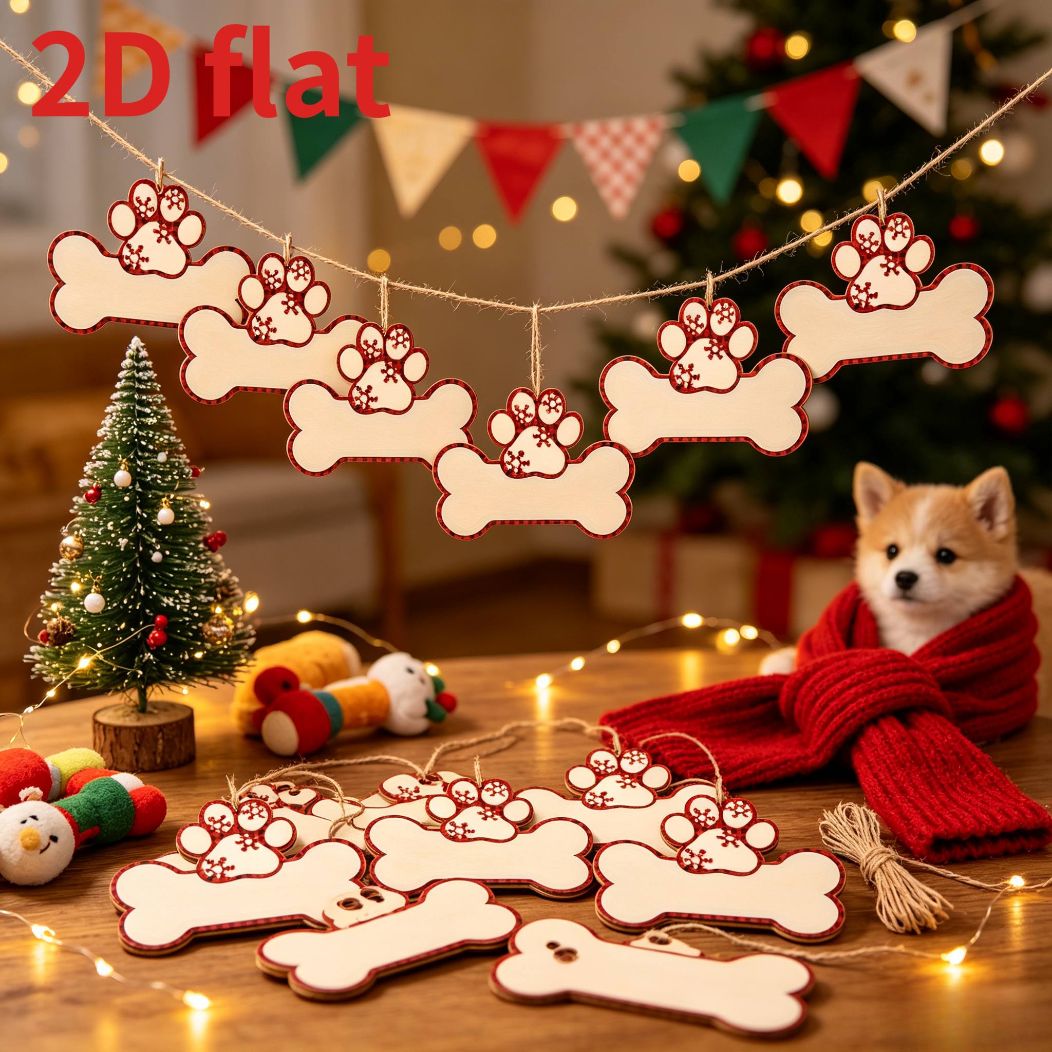 TEMU 2d Flat, 2d Flat Printed 6pcs Wooden Dog Bone And Paw Print Ornament Set – Vintage Style, Suitable For Christmas And Thanksgiving Decorations,