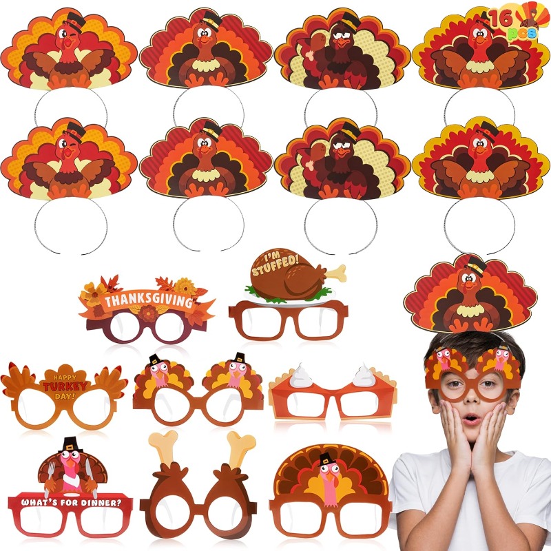 TEMU Syncfun Thanksgiving Turkey Headbands And Glasses Frame (16 Packs), Holiday Headbands And Glasses Frame For Thanksgiving Party Favors