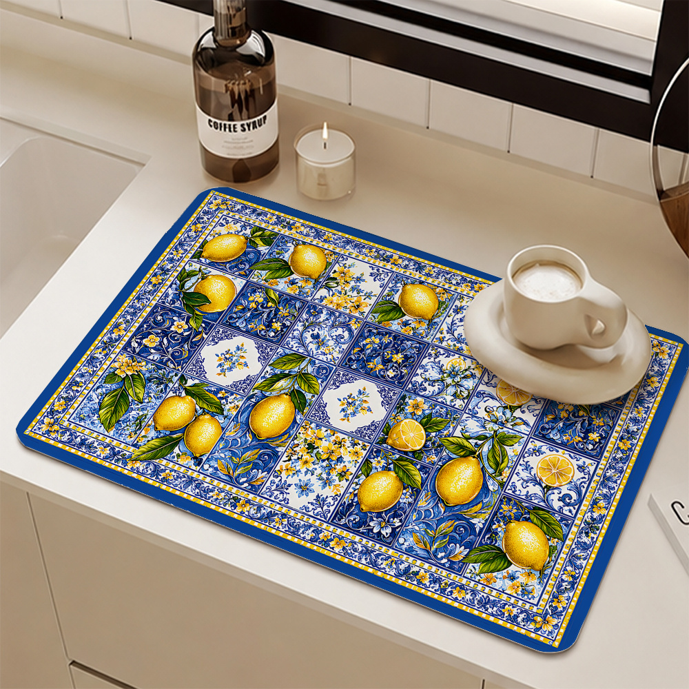 TEMU 1pc Mediterranean -themed Dish Drying Mat, Rubber Non-slip Bottom, Lemon And Floral Pattern, Blue-white , Suitable For Coffee Bar, Kitchen