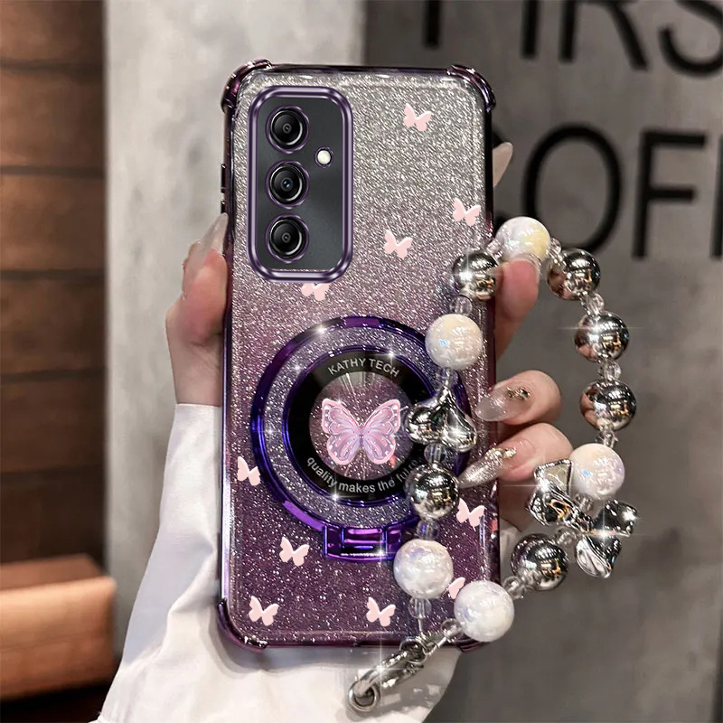 TEMU Phone Case: Luxury Pearl Wrist Strap Magnetic Glitter Phone Holder Case On For Galaxy A16 Galaxya16 Anti-knock Shock Proof Stand Back Cover