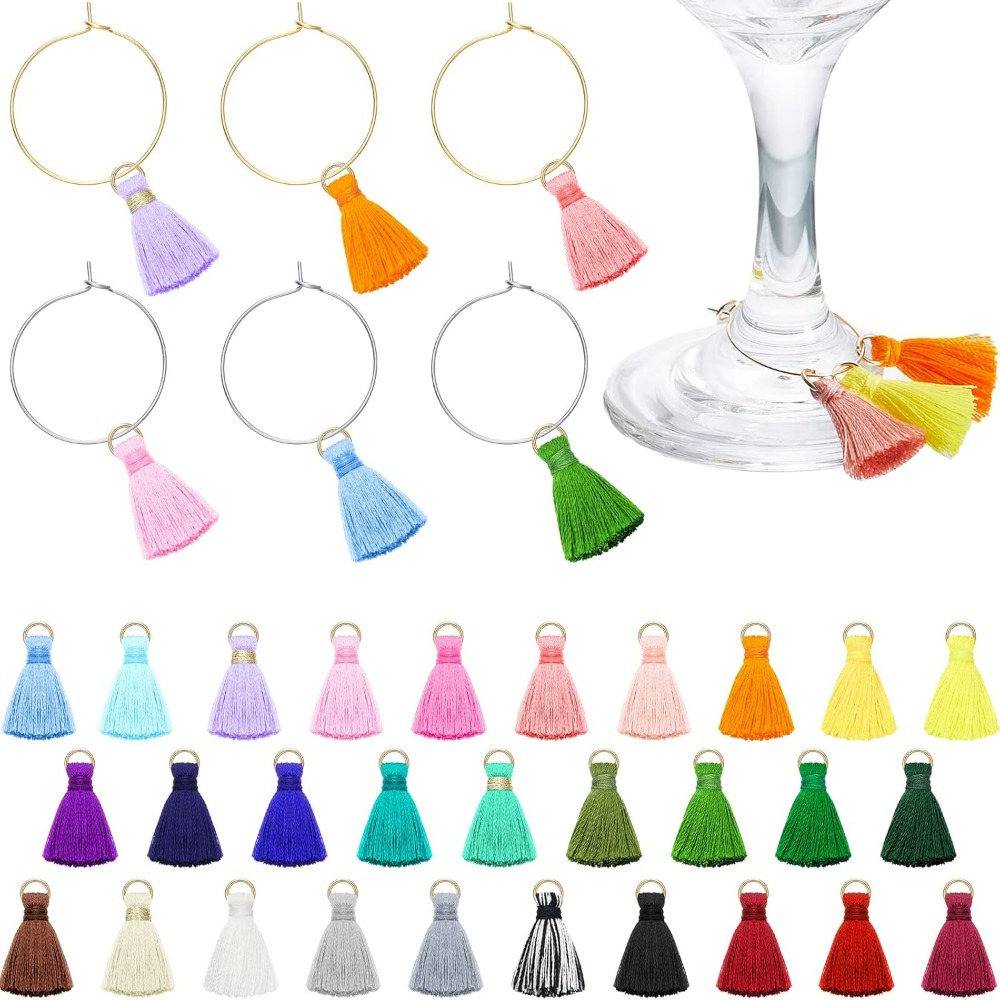 88pcs Wine Glass Charms Kit Including Colorful Tassel Drink Charm Markers Tags Gold Silvery Wine Glass Rings with a Black Bag for Stem Glasses Holiday Birthday Wine Tasting Party Favors Decorations