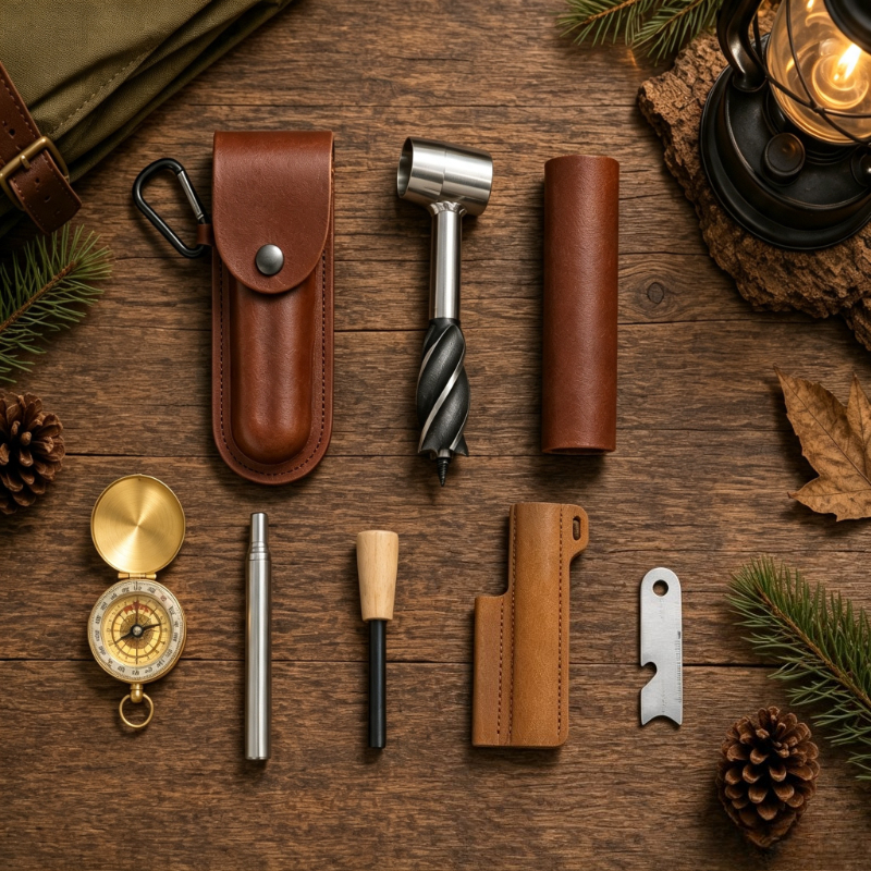 TEMU 8pcs Survival Gear Kit Hand Auger Flint Fire Starter Compass With Leather Cover Portable Bushcraft Camping Emergency Edc Tool Set For Hiking