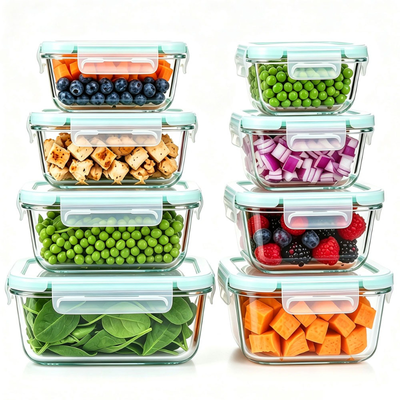 Image of 8 Pack Glass Food Storage Containers With Airtight Lids, Glass Meal Prep Containers, Lunch Office Meal For Microwave, Oven, Freezer And Dishwasher