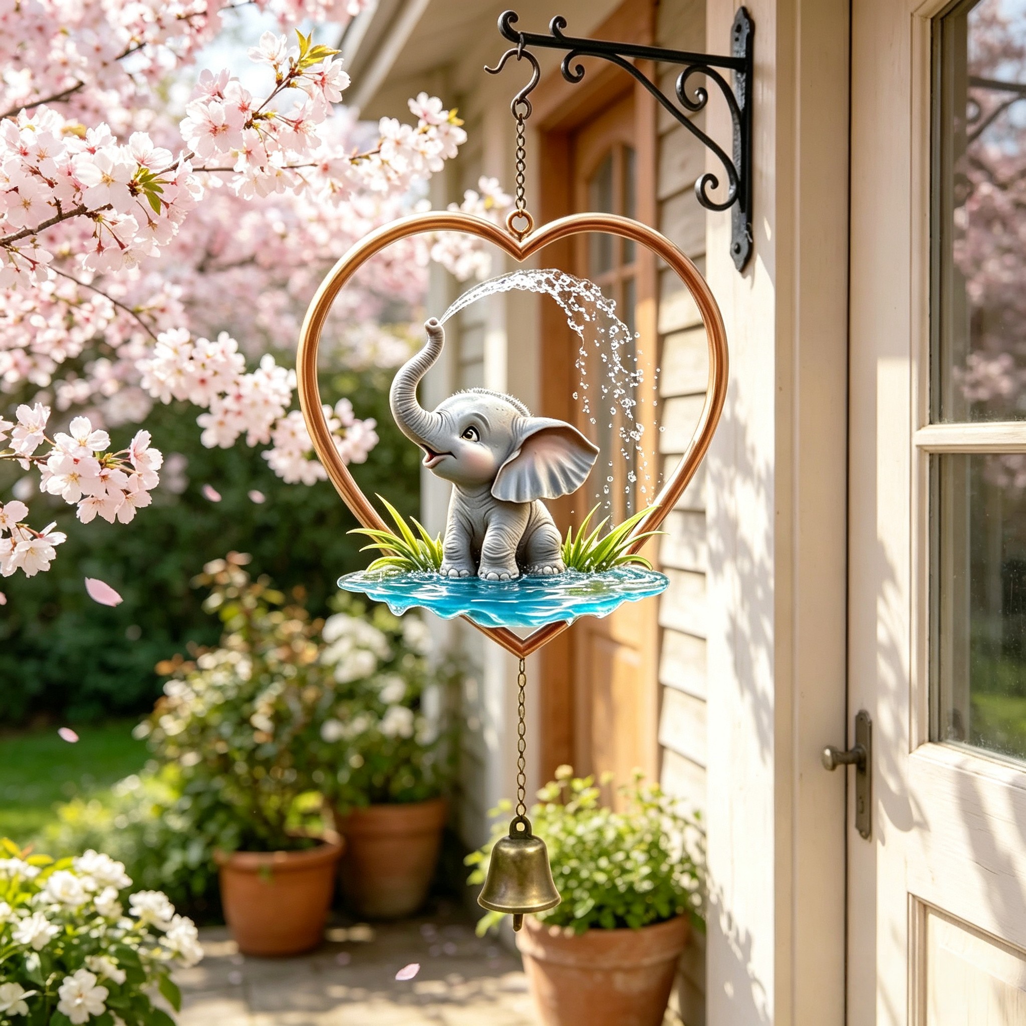 TEMU Loving Elephant Wind Chime With Water Sprinkler Bell - Vintage Distressed Plastic Elephant-themed Outdoor/indoor Hanging Decor Suitable For,