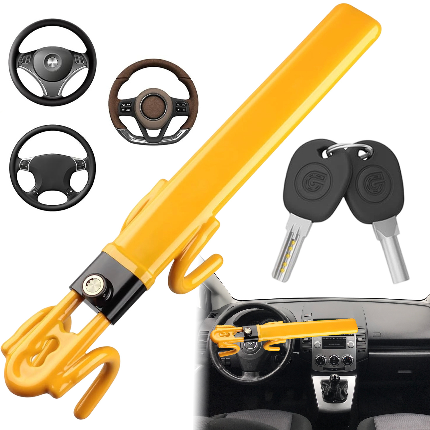 Image of Anti-theft Steering Wheel Lock With Double Handles, Adjustable Clamp Suitable For Cars, Suvs, Trucks, , And Transport Vehicles. It Features A Color For High Visibility And With For Securing , Van, Rv