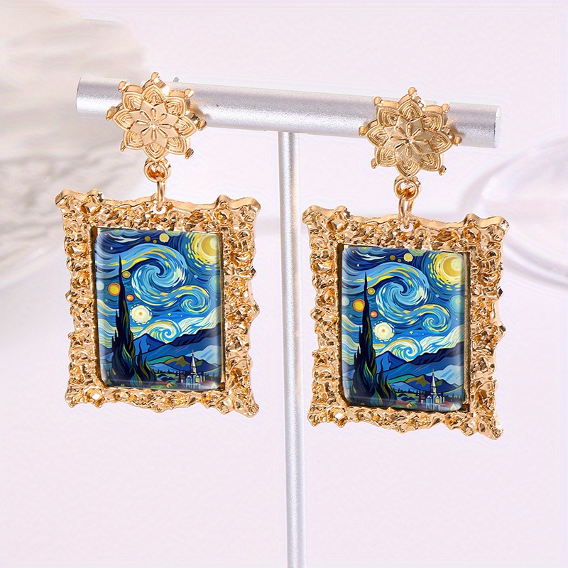 TEMU Vintage Starry Night Van Oil Painting Picture Rectangle Glass Cabochon Golden Dangle Earrings Fashion Handmade Jewelry Accessory Gifts