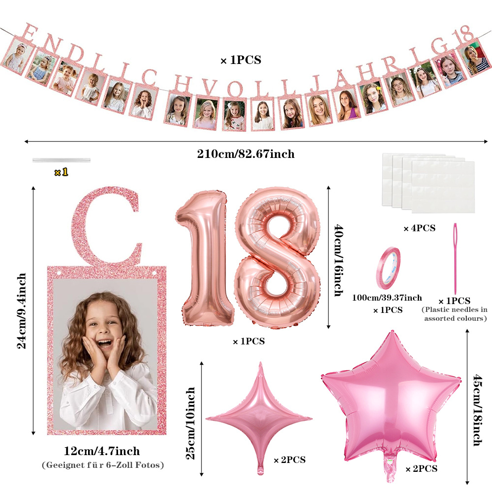 Image of Volljährig 18 Pink Birthday Party Decorations, 18th Birthday Party Supplies Set, Party Decoration Kit, Includes Banner, Foil Balloons, Suitable For Birthday Party Decorations