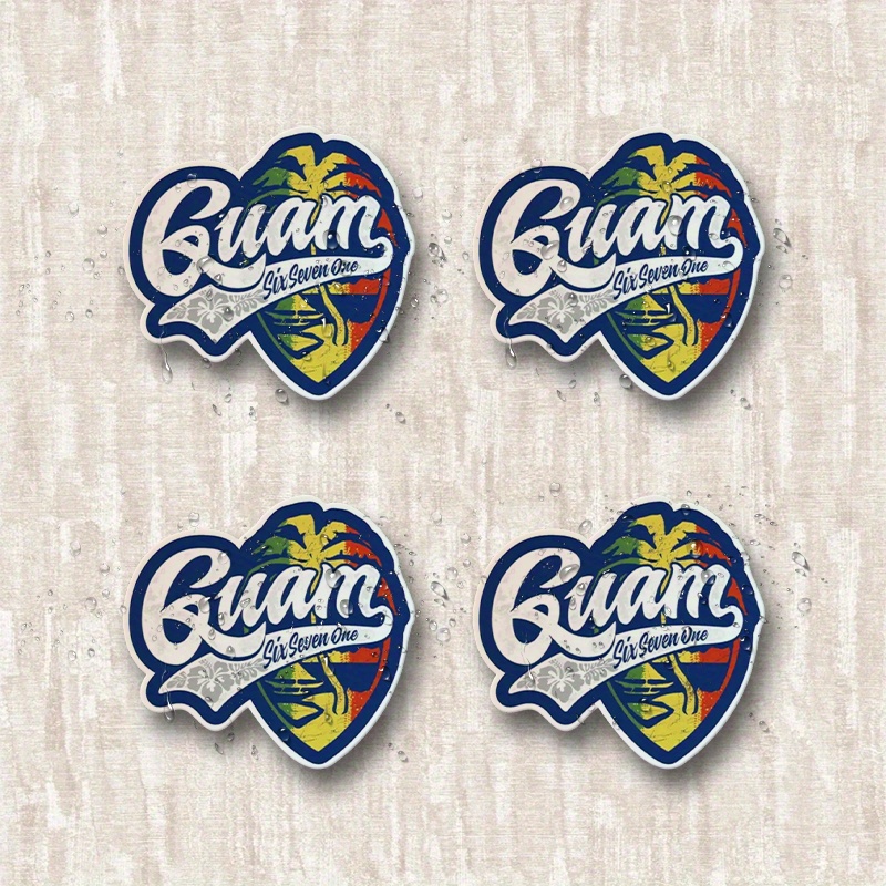 4pcs Guam Pride   Decoration - Waterproof Matte Vinyl Stickers, Self-  Guam Graphic with Palm Trees in Navy, Yellow, Red - for Laptop, Motorcycle, Helmet, Car - Guam Cultural Pride Decoration, Helmet Stickers, Tropical Theme, Durable Decals