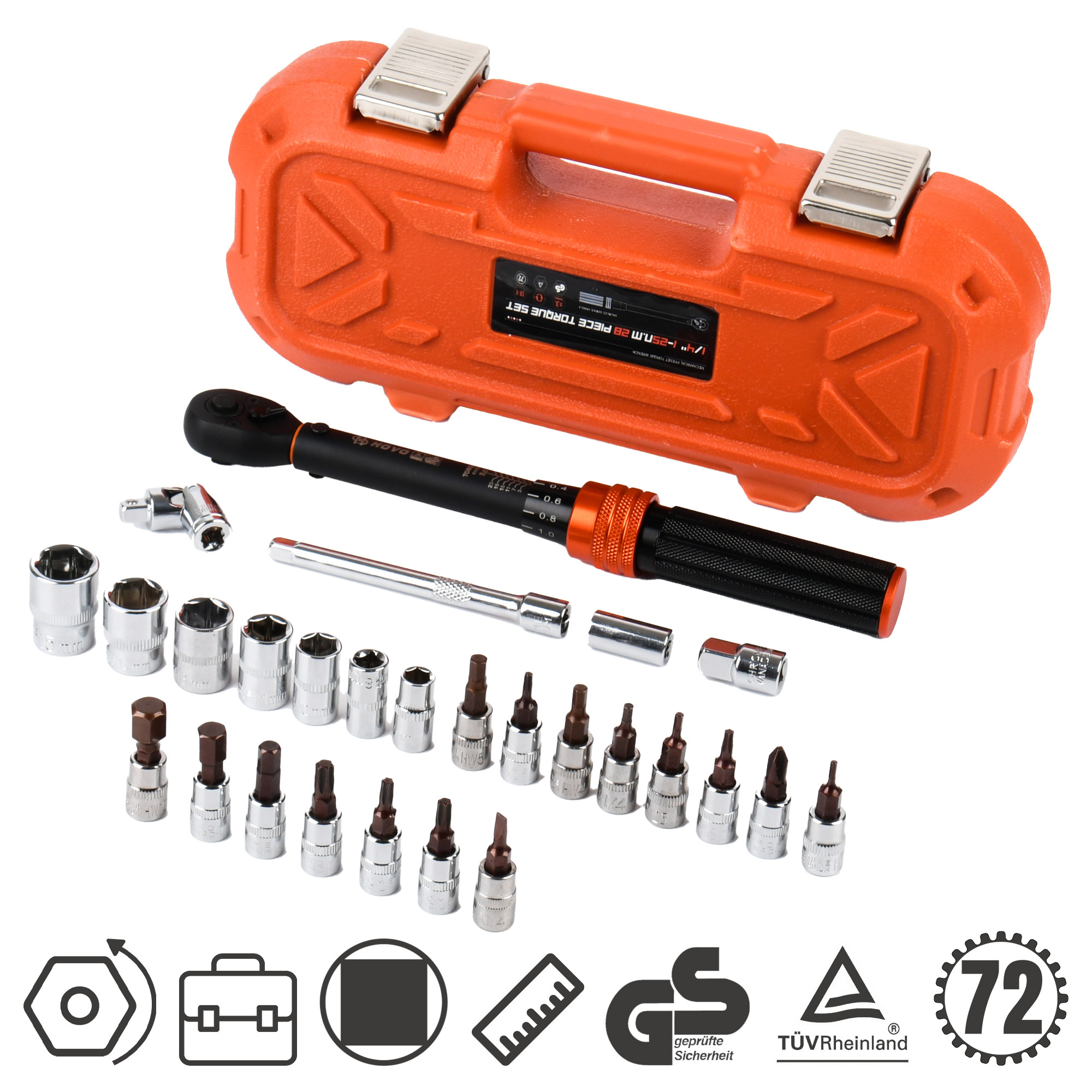 E-shop 1/4" 1-25 Nm Drehmomentschlüssel-Set mit 72-Zahn-Ratsche mit variabler Geschwindigkeit, 27 TLG Zylinderschlüsseln (inklusive