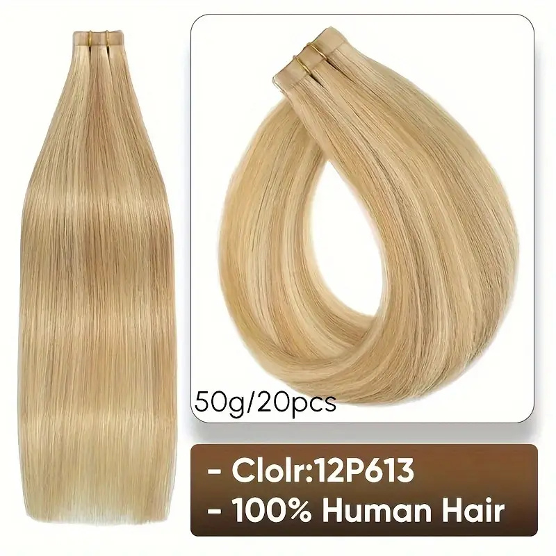Image of 20pcs Of Hair Extensions Made From Human Hair, Each Weighing 50g. Extensions Feature Light Blonde With Golden Blonde Highlights And Are Straight. In Colors 12p613# And 18p613#