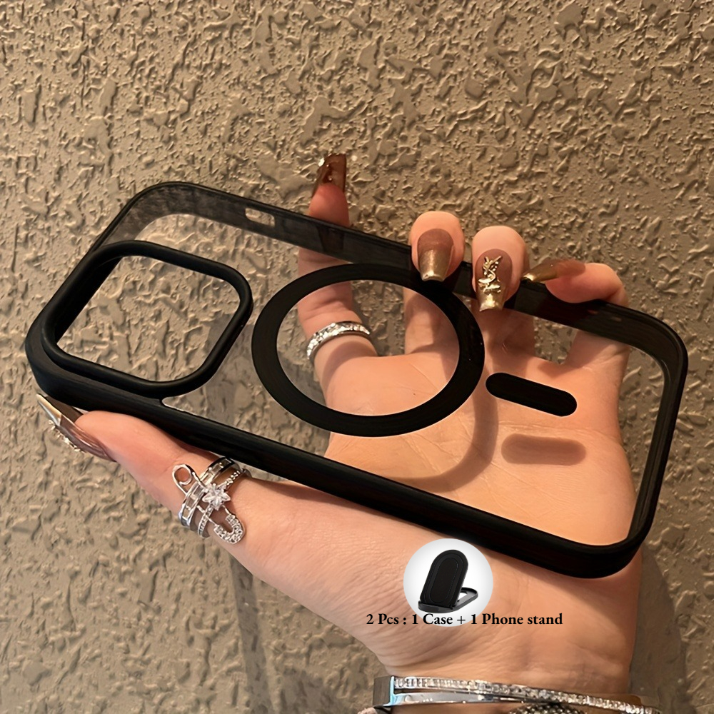 TEMU Phone Case - 2pcs: 1 Case And 1 Phone Stand Luxury Clear Magnetic Wireless Charging Phone Case For Iphone 17 16 15 14 13 12 11 Pro 18 Pro Pro
