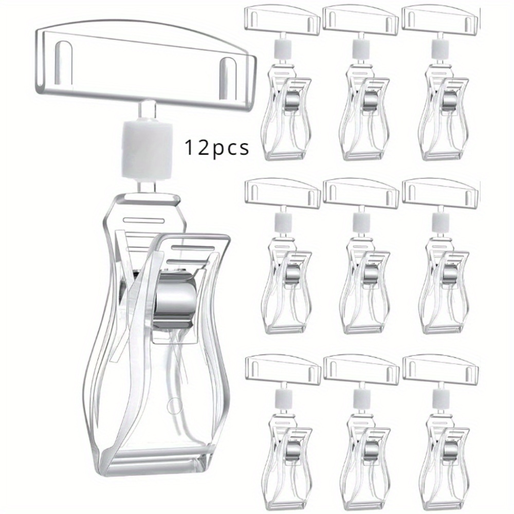 a set of 12 plastic clips for displaying price tags featuring a rotating design for easy turning ideal for showcasing products on fan shaped racks or shelves