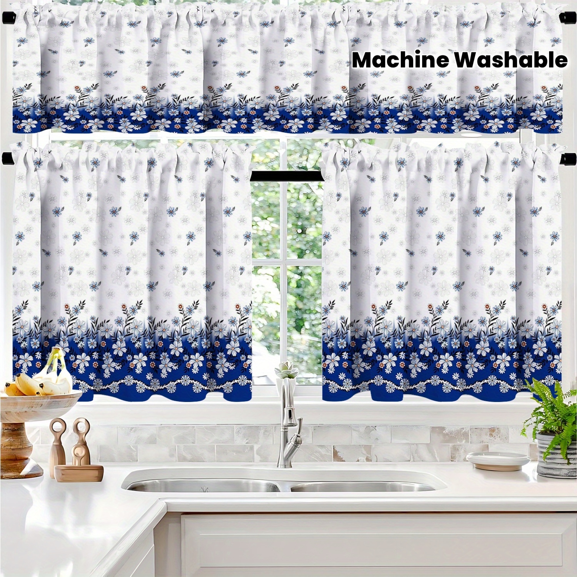 TEMU 2d Flat - 3pcs 2d Flat Printing Blue And White Gradient Floral Curtain; Rod Design Material Suitable For Rental Houses, Living Rooms, Kitchens,