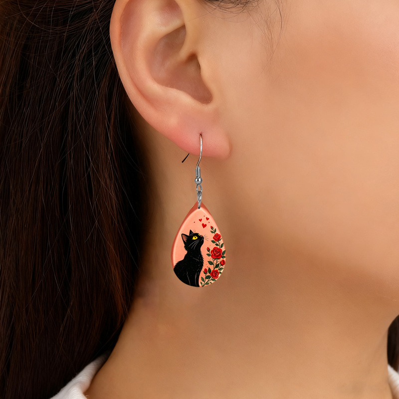 PU Leather Cat Earrings with Red Rose & Black Cat Design