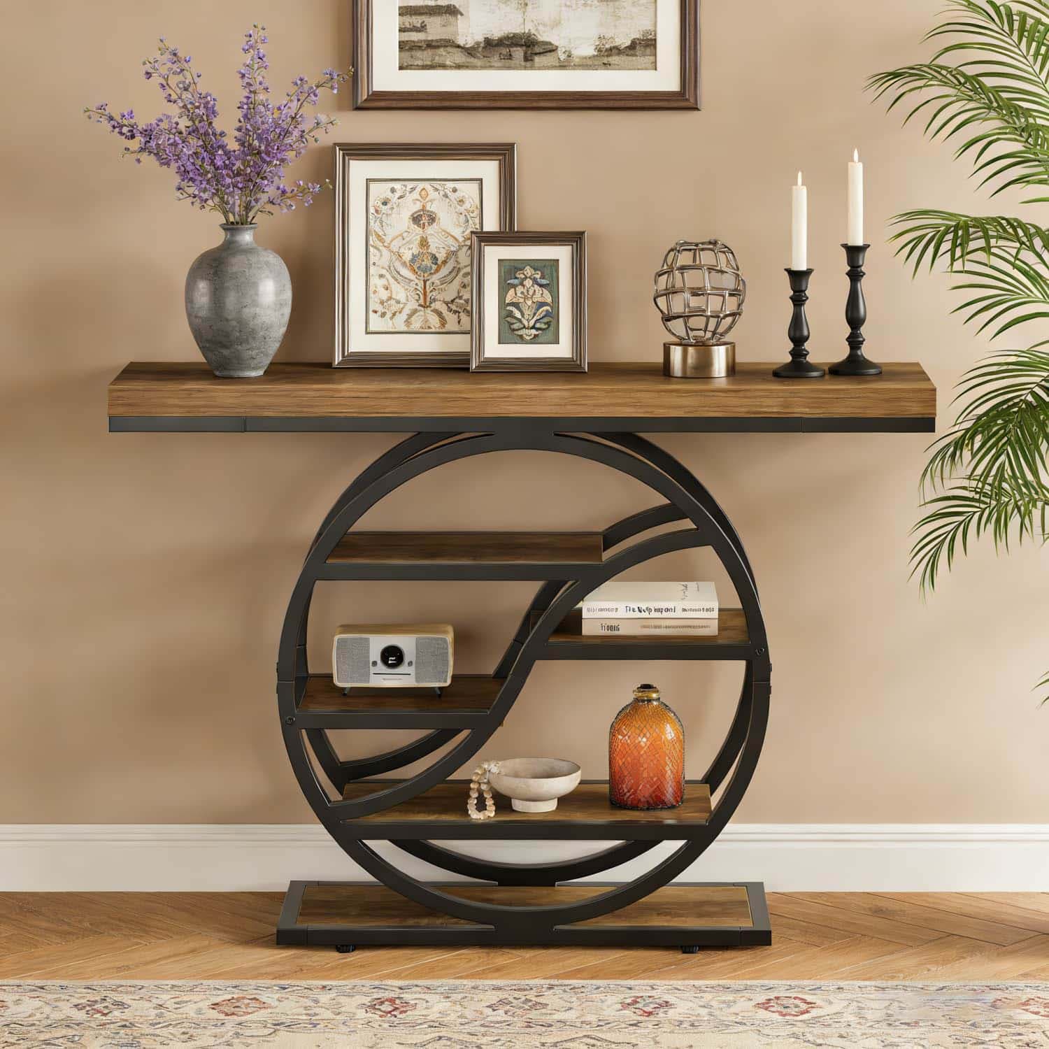 6-tier Modern Industrial Console Table With Wood & Frame - 120cm Narrow Entryway Table Suitable For Hallway, Foyer, Living Room, Rustic Brown Storage Shelf Furniture, For Narrow Spaces