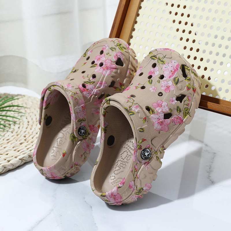 Image of Women's Floral Print Thick Sole Clogs, Dual-use Adjustable Strap Shoes, Non-slip Thick Sole, Summer Beach Wear, Women Shoes