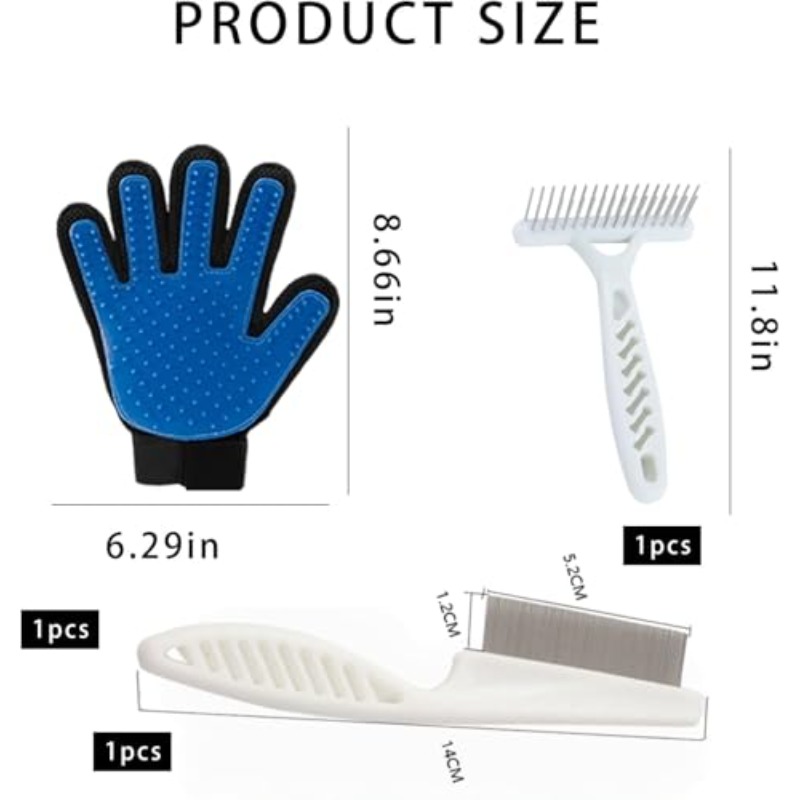 3pcs Pet Grooming Set, Pet Comb, Hairbrush, And Right-Hand Hair Removal Glove with Brushing Function, Detangling Double-Row Comb, Flea Comb for Fur Cleaning And Massage