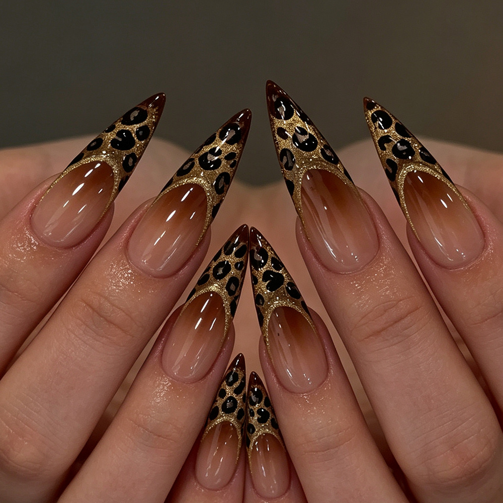 TEMU Showcase Your Beauty 30pcs Long Pointed Nails Individual Y2k Style Leopard Print Striped Shiny Golden Flesh-colored Gradient Glossy Brightening