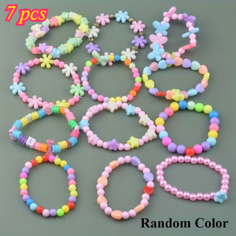 TEMU 7pcs Random Color Multicolor Acrylic Cartoon Cute Bead Bracelet Set, Bracelet Gift Box Present, Autumn/ Accessory, Cute Decoration, Christmas
