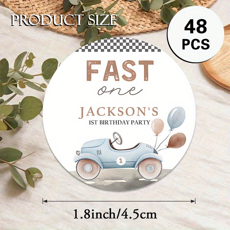 TEMU Personalized Circular Stickers For Birthdays In Sets Of 48 Or 96, Allowing Customization Of Details Such As Name And Age. Features A Car And ,