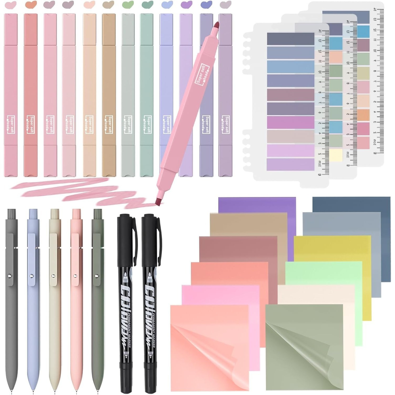 Aesthetic Book Annotation Kit - 60 Pcs Stationery Set With Highlighters, Pens & Sticky Notes