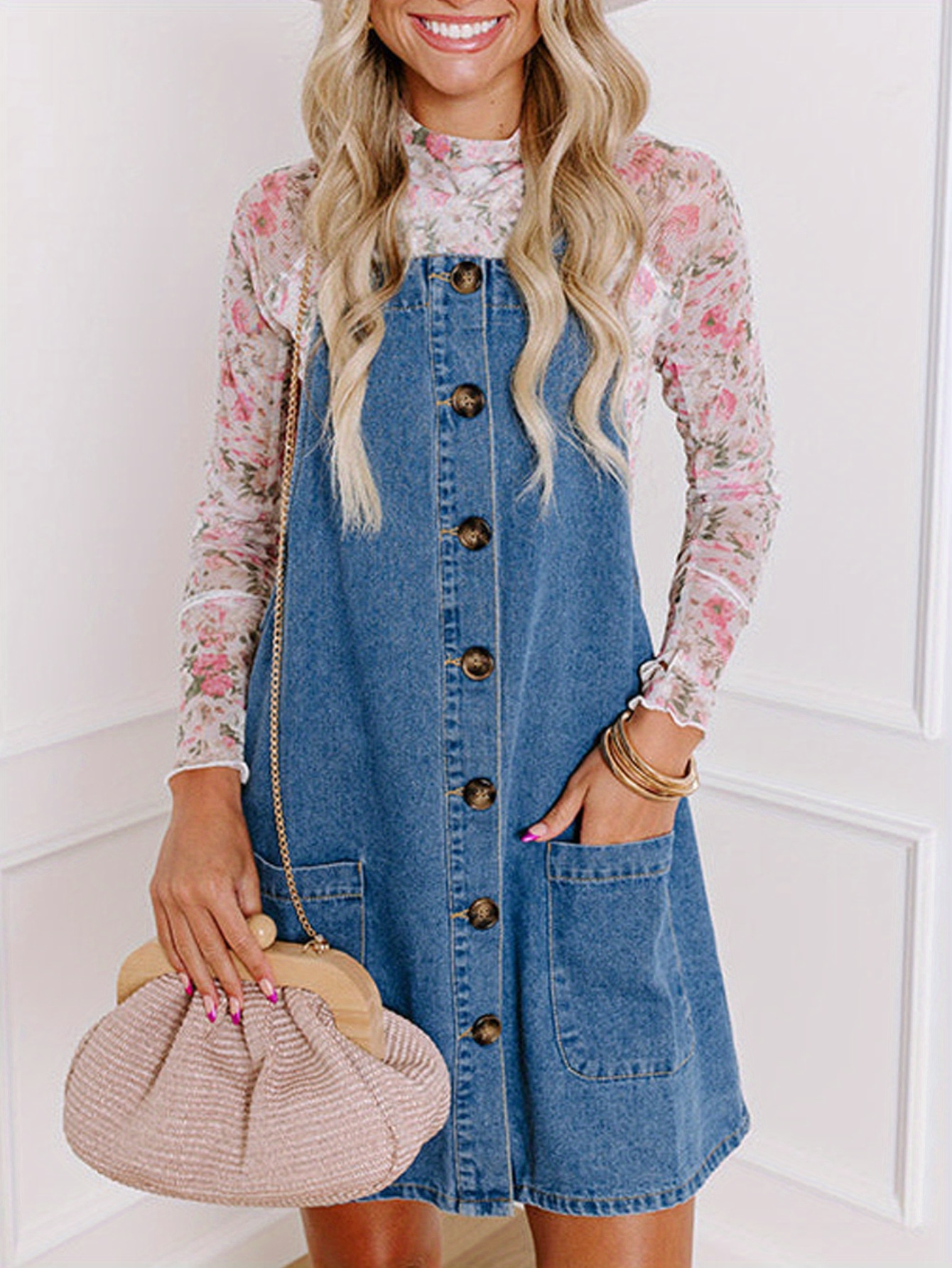 womens loose fit denim overalls dress boat neck Temu