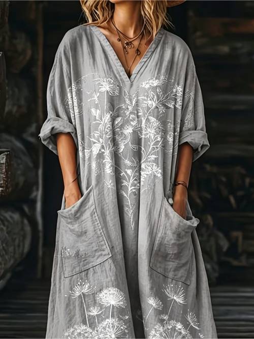womens bohemian style vintage printed v neck maxi dress loose fit with pockets casual vacation dress tea dress breathable and versatile for everyday wear