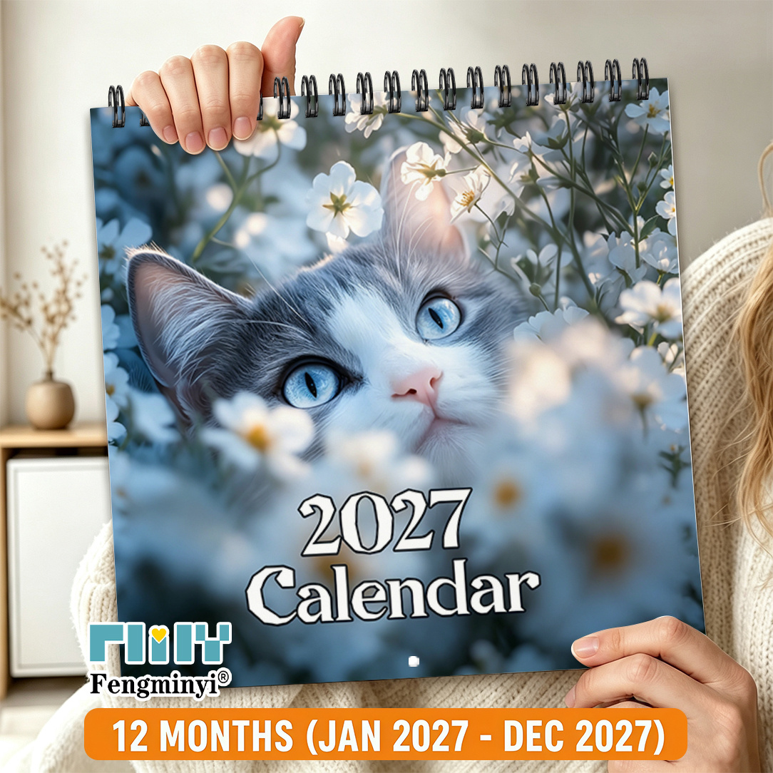 TEMU 2d Flat 2027 Cute Kitten And Flower Themed Wall Calendar, 1 Book, 12 Months, 2027 To December 2027, High-quality Spiral-bound Hanging Calendar,