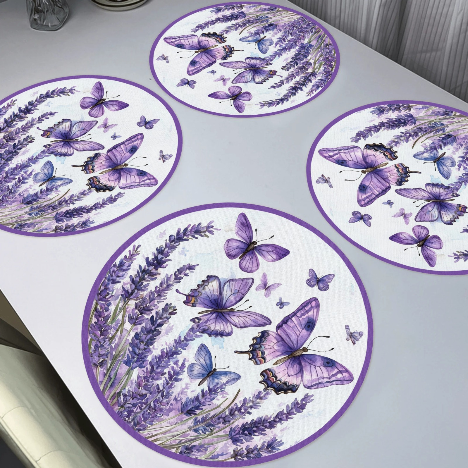 

4pcs Round Purple & Lavender Placemats – Non-slip, Washable Polyester Table Mats For Dining, Kitchen, Banquet, Or Party Decor, Hand Wash Only, Elegant With Vibrant Floral Patterns