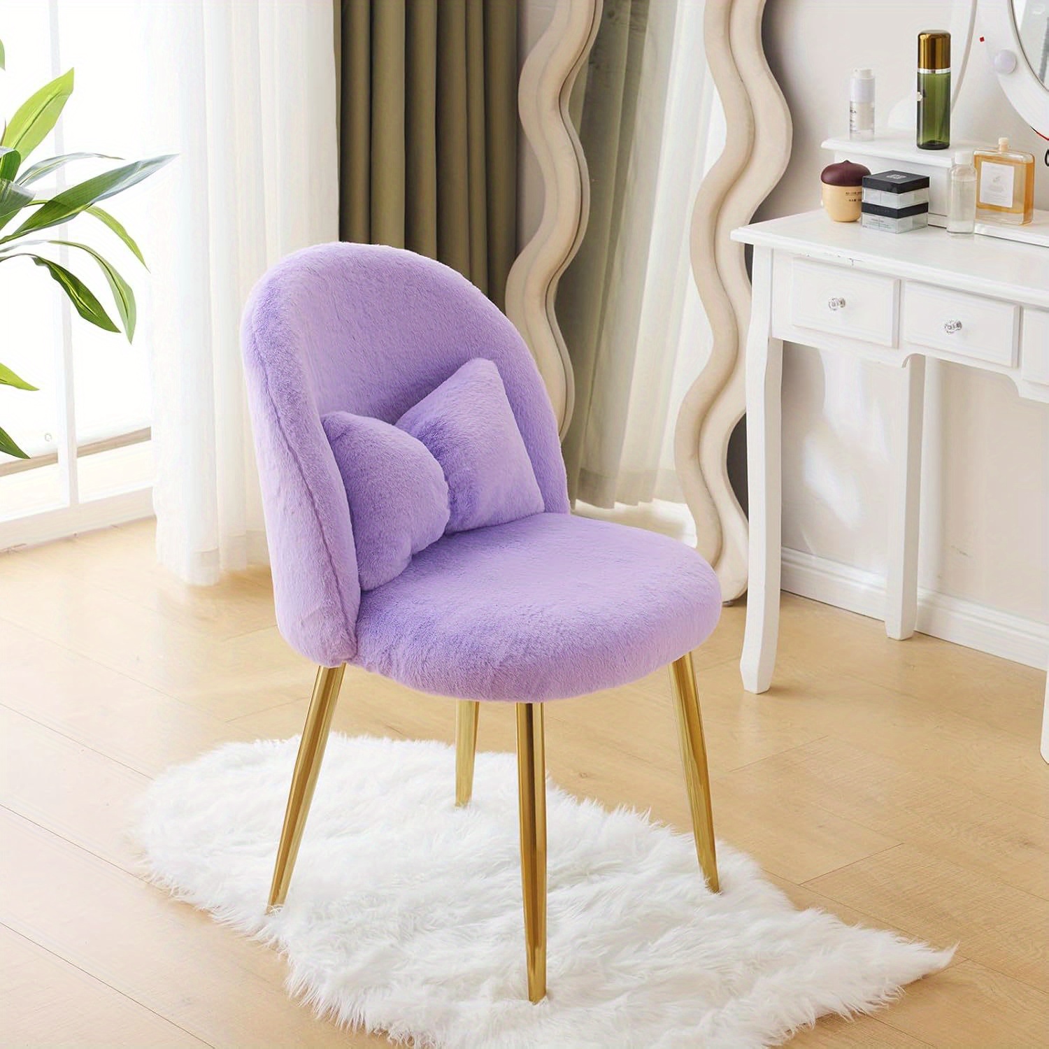 Girls Vanity Chair with Backrest, Small Lounge Chair Without Wheels, Comfy Chair with Bow Cushions, Makeup Chair with Adjustable Golden Legs, Comfortable Chair for Bedroom, Living Room, Small Space