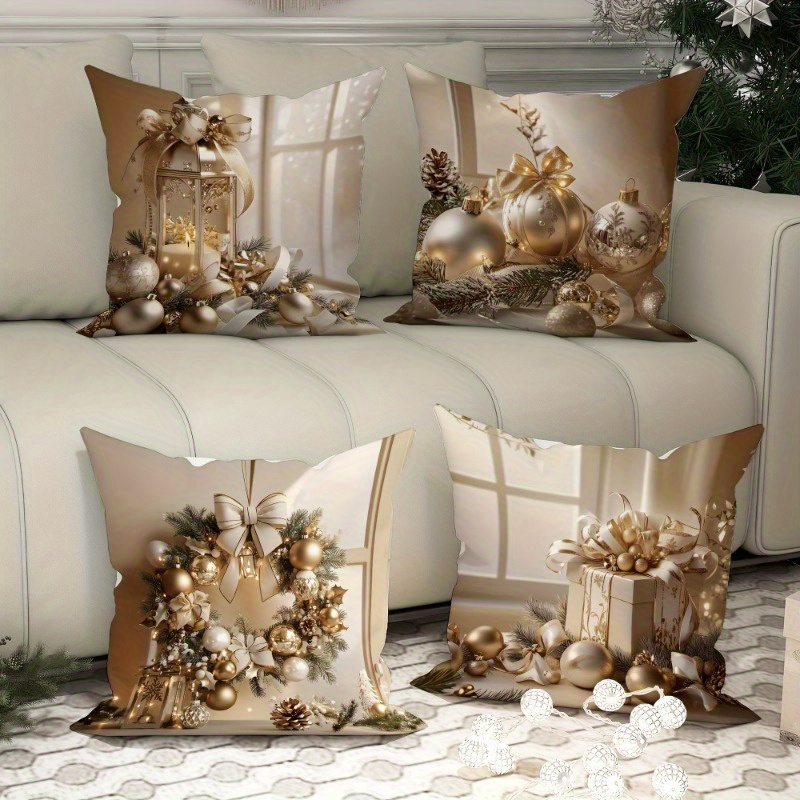 

Vintage Christmas Decorative Throw Pillow Covers, 4-pack, 18x18 Inches, Velvet, And Wreath Design, , Polyester, Zipper Closure, Machine Washable For Living Room Sofa And Bed Decor