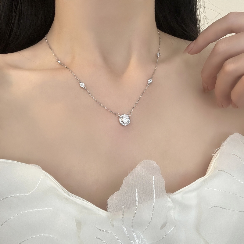TEMU 925 Sterling Silver 1-carat Four-prong Round Moissanite Necklace, High-quality Men's And Women's Pendant Necklace, Clavicle Chain, Suitable For