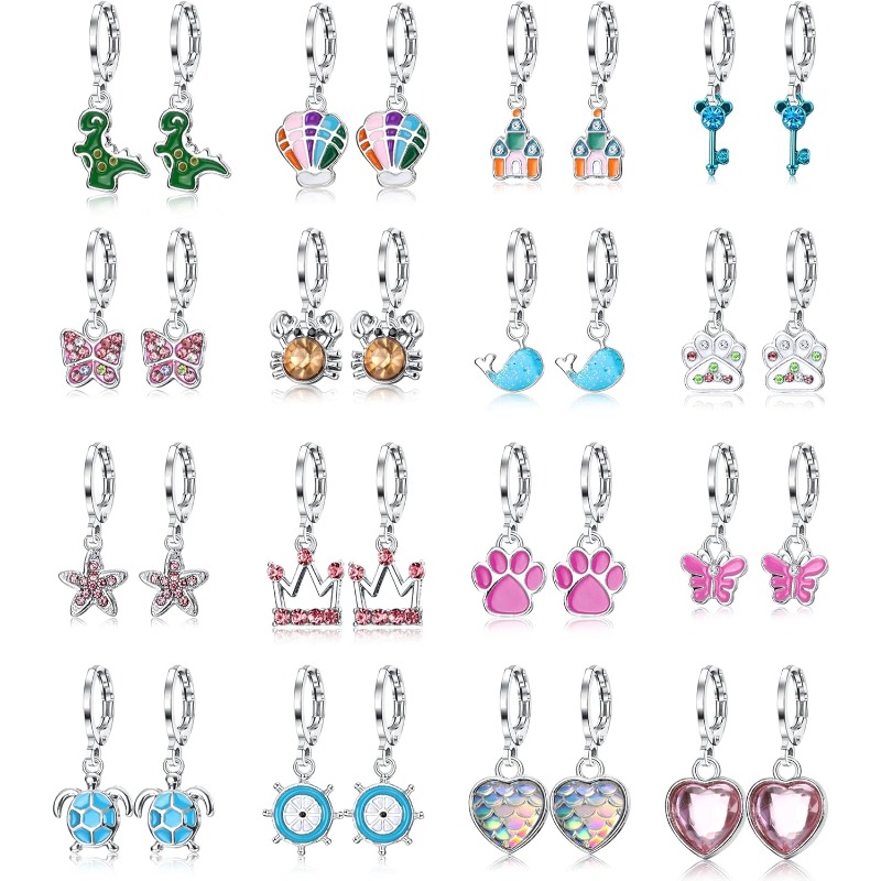 16 Pairs Hypoallergenic Dangle Hoop Earrings Suitable For Women - Multicolor Heart, , Flower & Fruit Charm Hoops, Retro Drop Earrings For , Wear For Parties, Vacations, Everyday Gifts