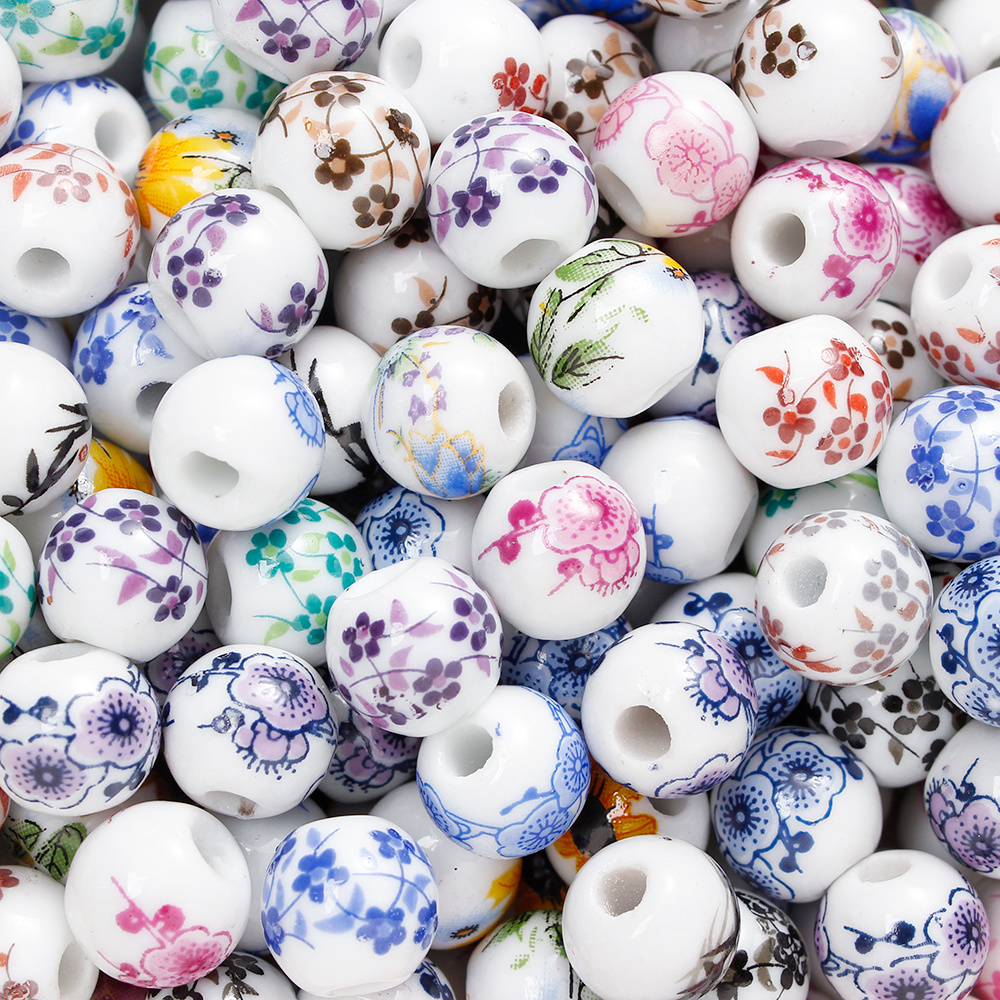 30pcs Fresh Floral Plant Printed Ceramic Loose Beads for DIY Making