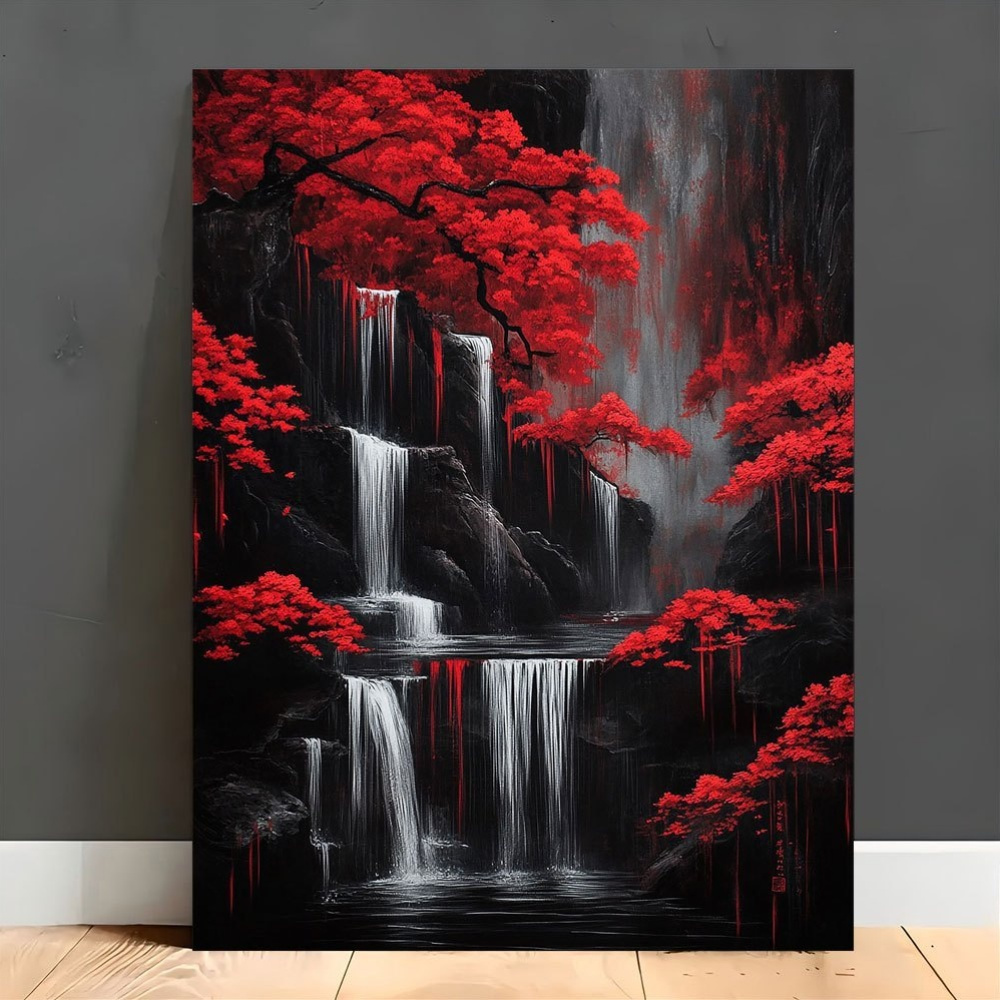 TEMU 2d Flat, 2d Flat Vibrant Trees And Waterfall Canvas Art - 12" X 16" Durable, Waterproof Wall Decor For Home, Office, Or Café | With Rich Red