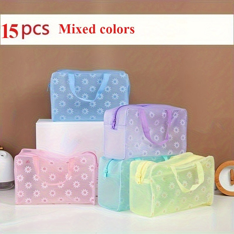 TEMU 15pcs Foldable High Quality Makeup And Toiletry Bags - Spacious, Lightweight, Easy To Clean, Floral Pattern With Secure Zipper For Travel Or