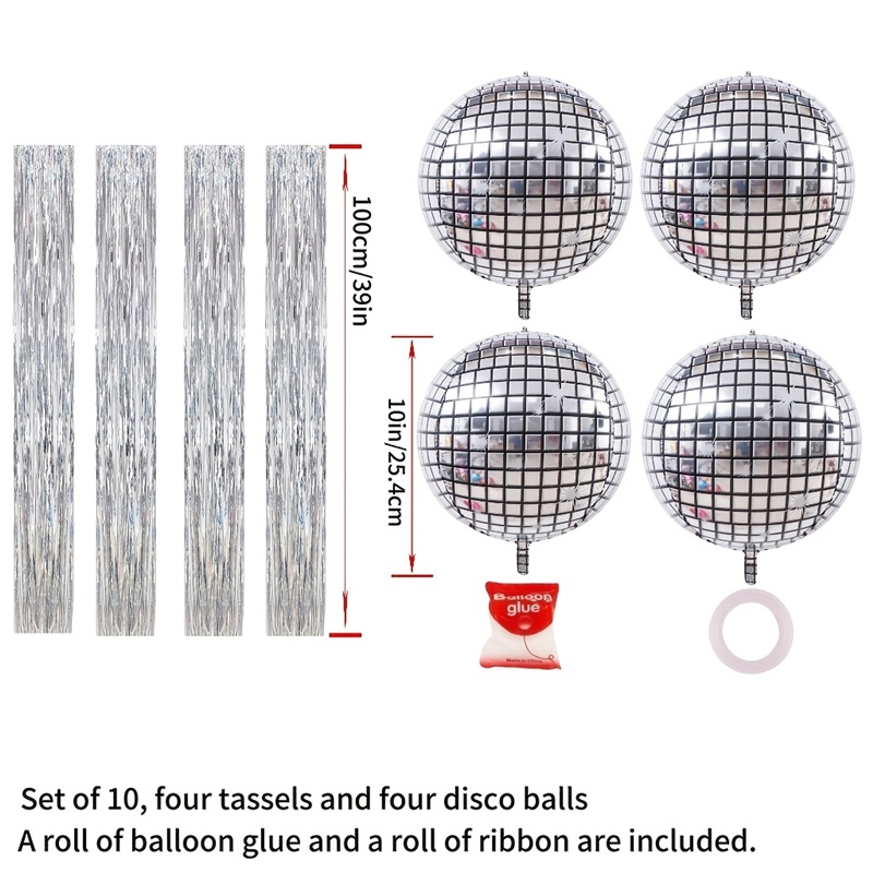 TEMU 10pcs Disco Ball Balloon Set With Silvery Tassels, 4d Mirror Metallic Foil Balloons, Hanging Party Decoration Accessories For Themed, Birthday,