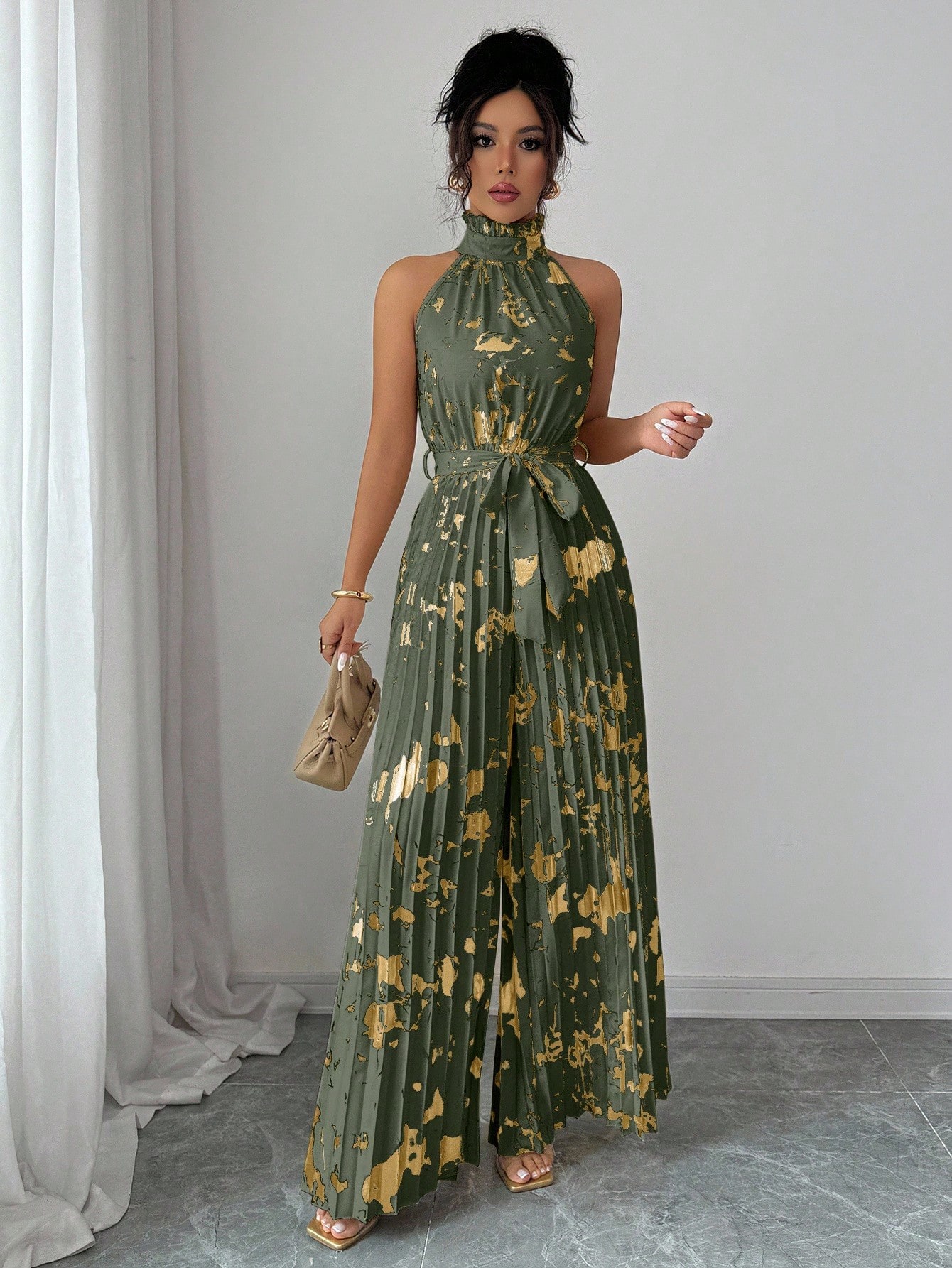 Olive & Gold Halter Pleated Wide-Leg Jumpsuit