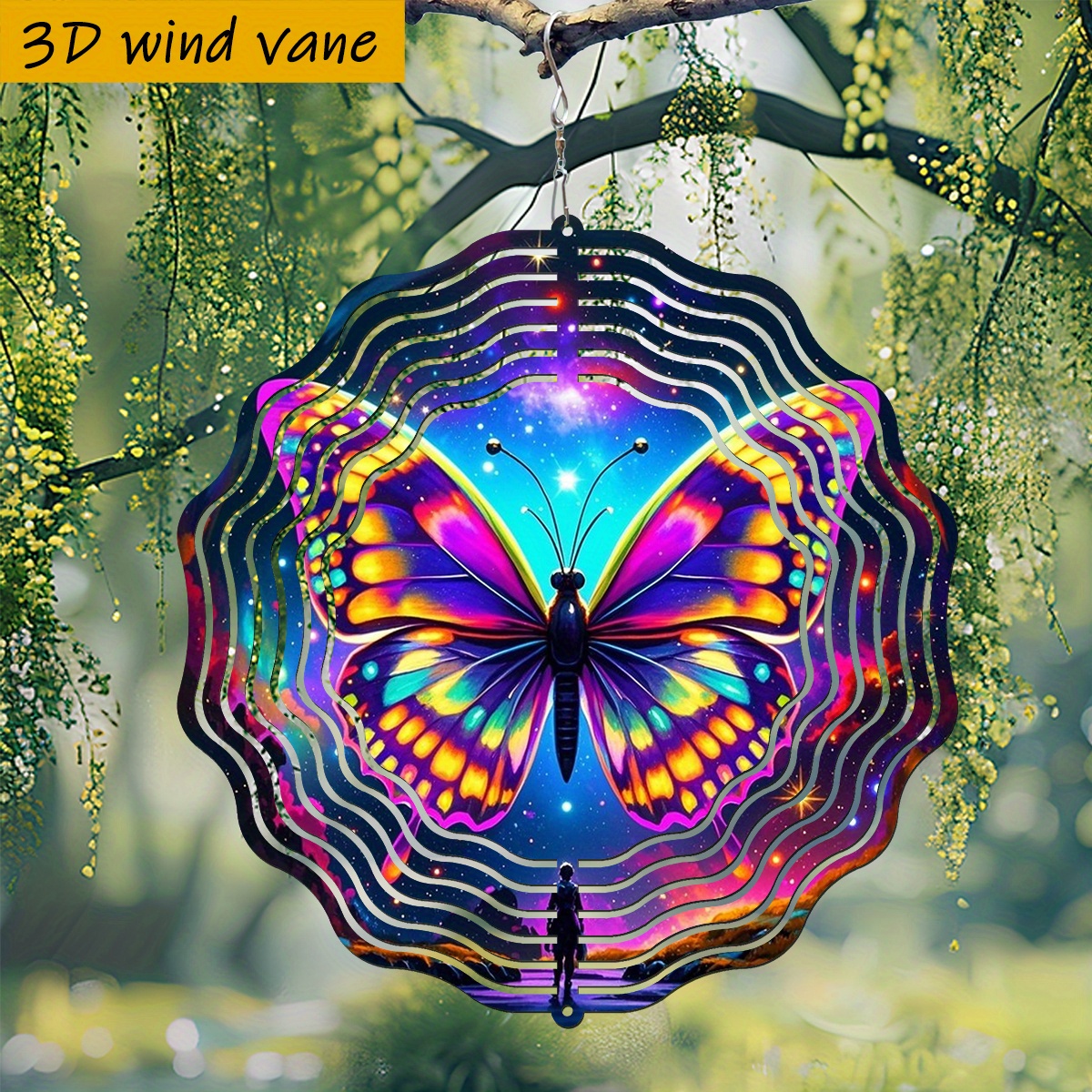 Image of 3d 1pc " Colorful Butterflies Flying In Starry Sky Background." "25.5cm/10in X 25.5cm/10in With Rotating Hook, Wind Spinner" Home Garden Double-sided Spinner